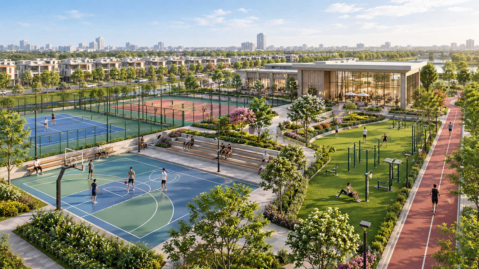 Khu thể dục thể thao Vinhomes King Park với sân thể thao và đường chạy bộ