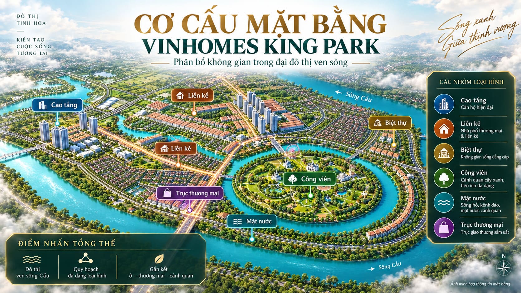 Cơ cấu mặt bằng Vinhomes King Park với căn hộ cao tầng, liền kề, biệt thự, công viên và trục thương mại