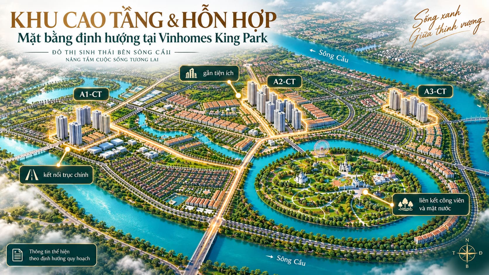 Mặt bằng khu cao tầng Vinhomes King Park tại A1 A2 A3 kết nối trục chính, tiện ích và mặt nước