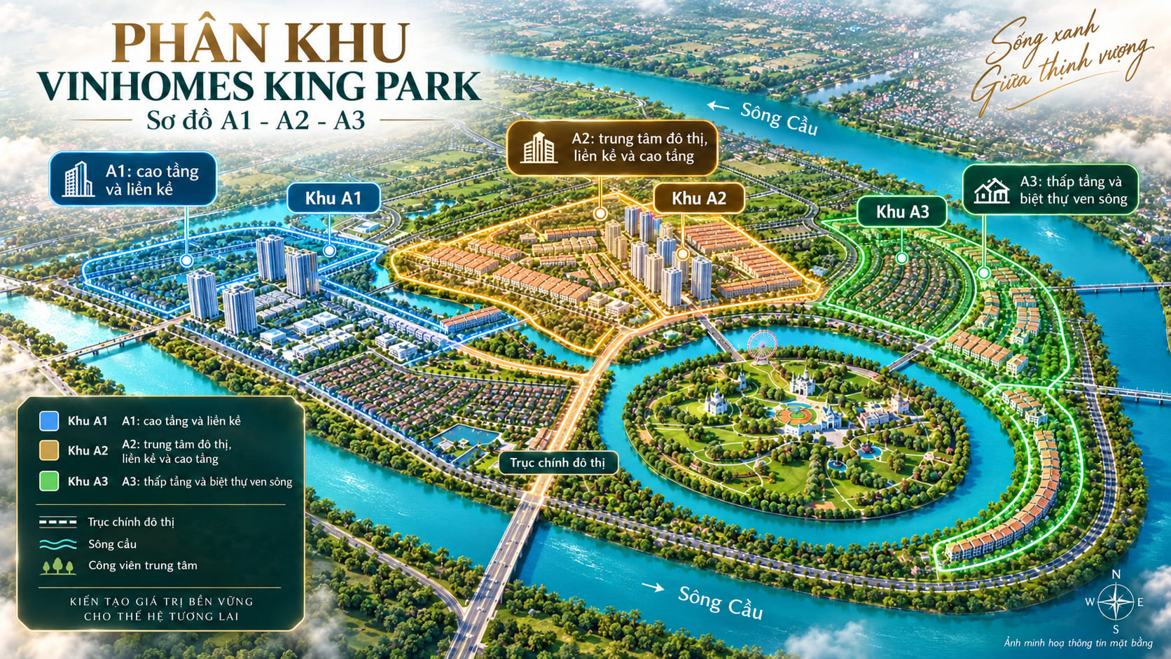 Sơ đồ phân khu A1 A2 A3 Vinhomes King Park với khu cao tầng, liền kề và biệt thự