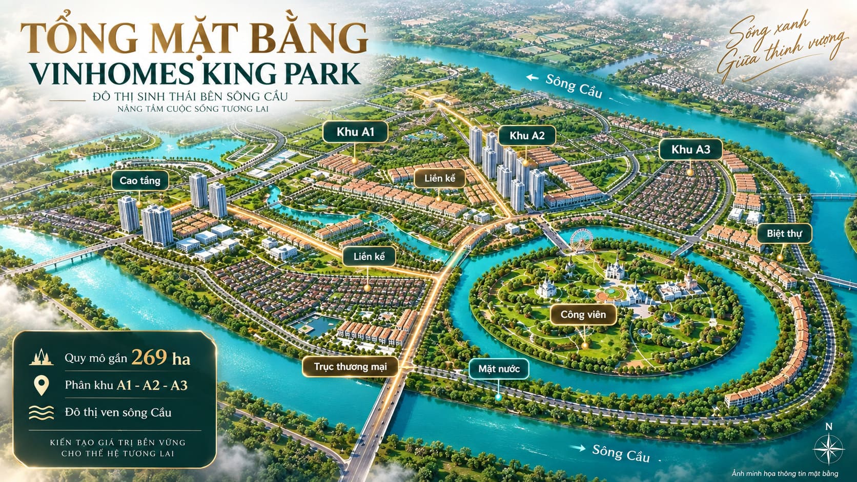 Tổng mặt bằng Vinhomes King Park gần 269 ha với các khu A1 A2 A3, thấp tầng, cao tầng, công viên và mặt nước