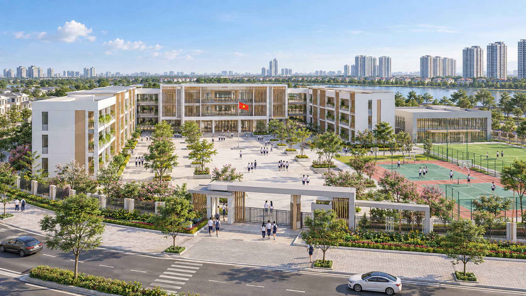 Trường THCS Vinhomes King Park với sân thể thao và không gian học tập hiện đại