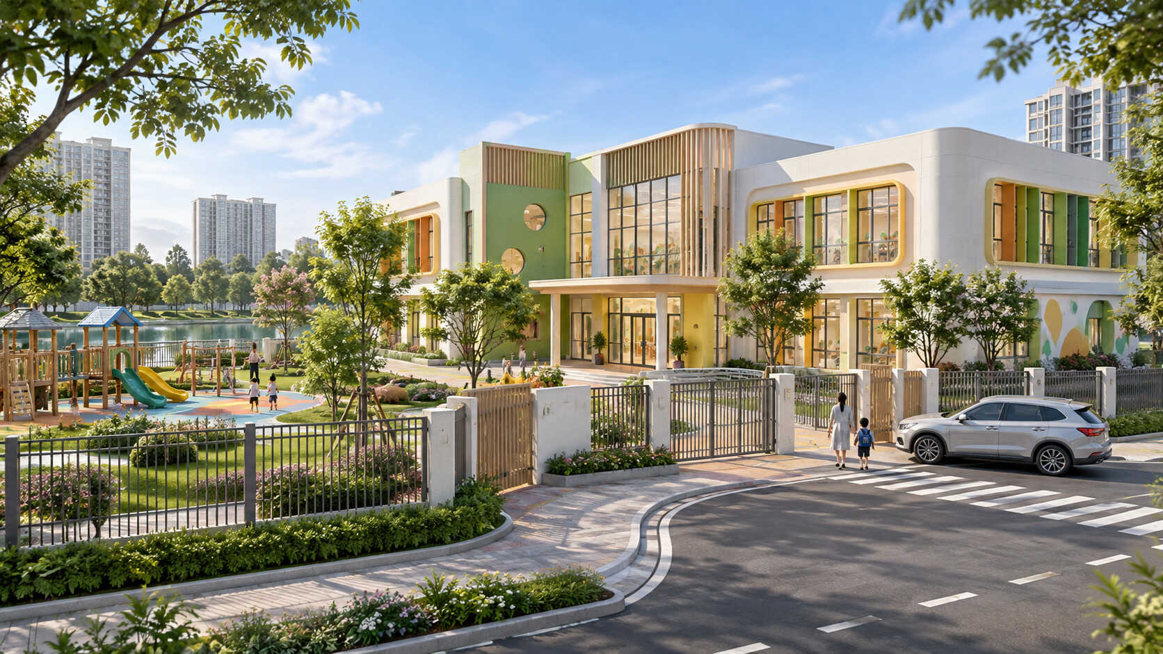 Trường mầm non nội khu Vinhomes King Park với sân chơi và khuôn viên xanh.