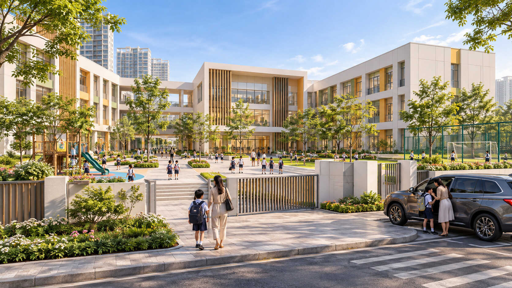 Trường tiểu học Vinhomes King Park với khuôn viên học tập và sân thể thao
